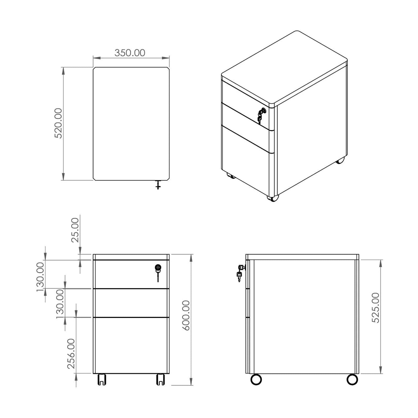 Mobile Pedestal (3 layers Drawer with Key-lock)